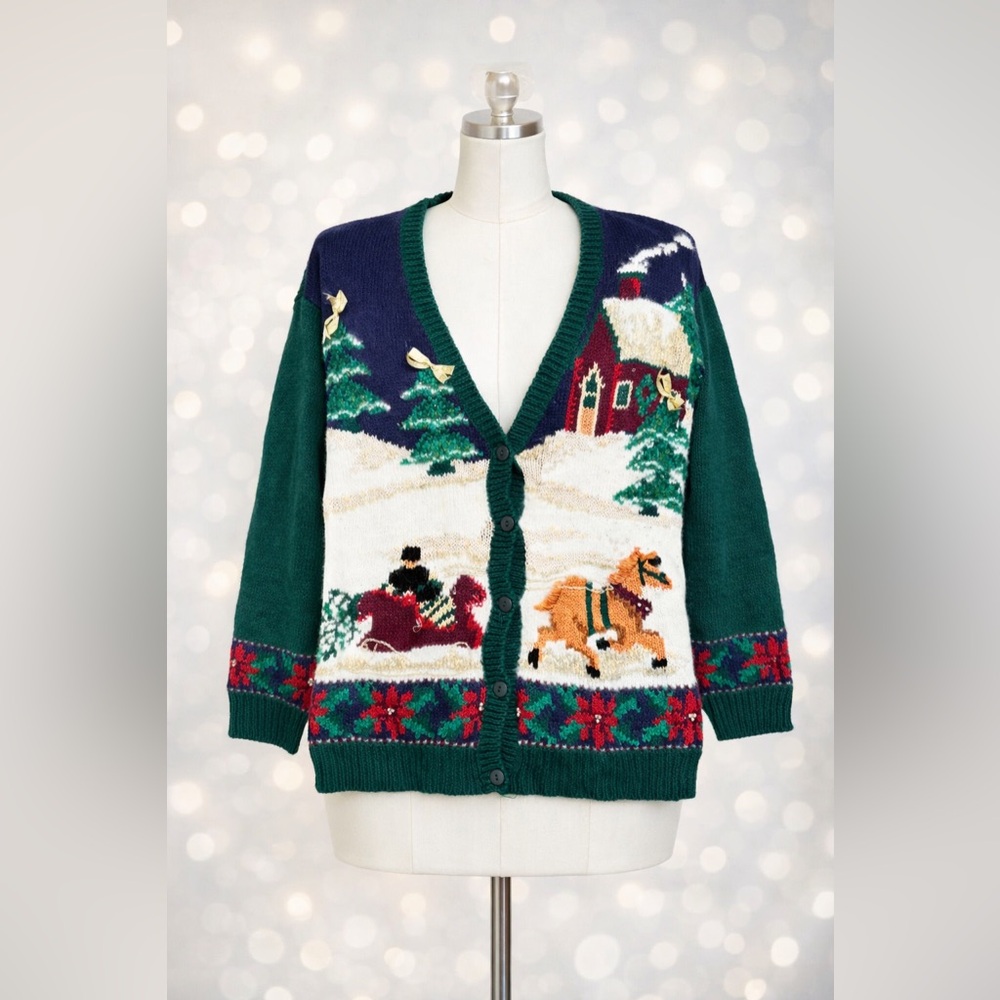 Vintage Weekend Edition Christmas Cardigan Sleigh Horse Cottagecore M Wool Blend